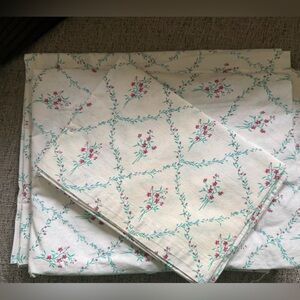 Pink Floral & Teal Green Vine Twin Sheet Set Cottagecore Whimsy